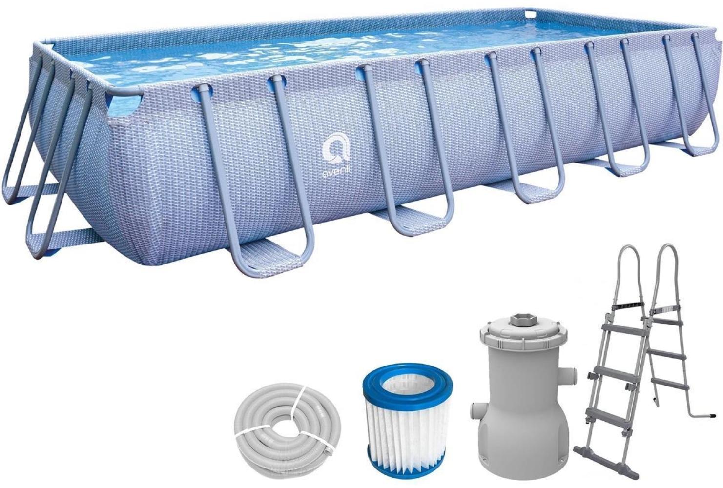 Avenli Frame Plus Rectangular Pool 540 x 250 x 100cm, rechteckiger Stahlrahmen Pool mit Filterpumpe und Leiter, graue Rattanoptik Bild 1