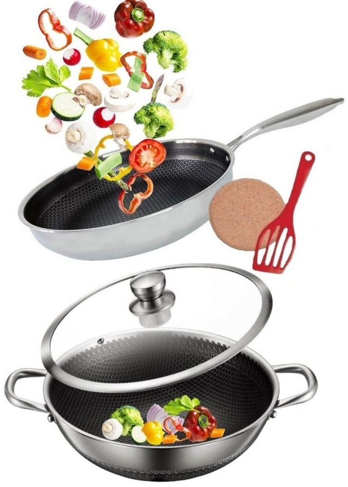 KESSMANN Pfannen-Set Edelstahl Induktion Bratpfanne 28 cm + Wokpfanne 32 cm mit Deckel 5tlg, Edelstahl (Set, 5-tlg, Inkl. 1 Pfannenwender + 1 Untersetzer Antihaftbeschichtet Asia Tiegel), Pfannenset für alle Herdarten Wok Pfanne Fanne Bräter Servierpfanne Bild 1