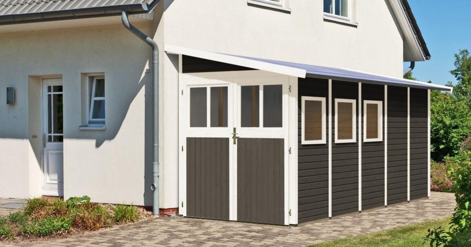 Anlehnhaus Wandlitz 5 - 181x442 cm, 19 mm Holz terragrau, Karibu Bild 1