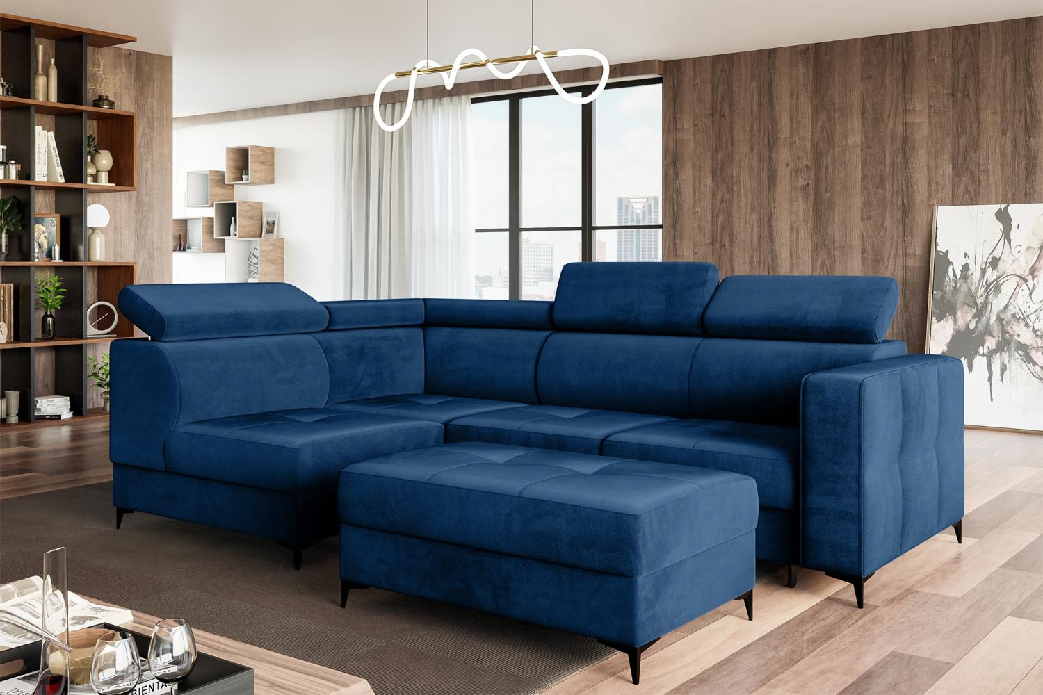 MEBLINI Schlafcouch mit Bettkasten - DORIAN - 263x232x89cm Links – Blau Samt - Ecksofa mit Schlaffunktion - Sofa mit Relaxfunktion und Kopfstützen - Couch L-Form - Eckcouch - Wohnlandschaft Bild 1