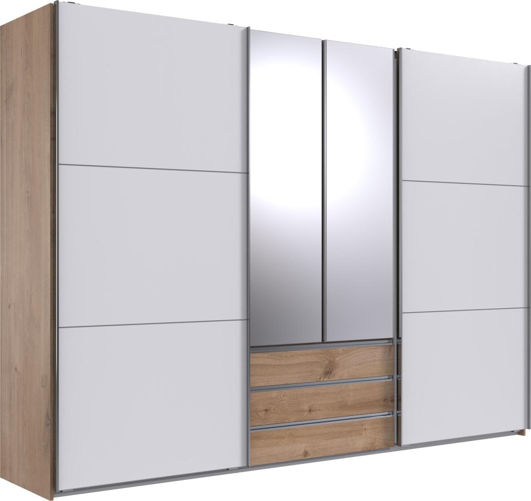 Schwebetürenschrank >MAGIC< in PLANKENEICHE + WEISS - 300x216x65cm (BxHxT) Bild 1