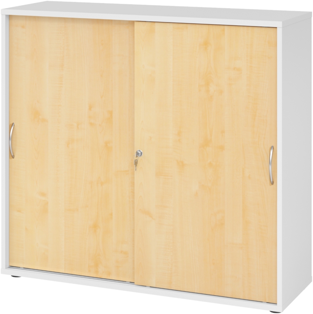 bümö Schiebetürenschrank 3OH - Aktenschrank abschließbar, Sideboard Schrank mit Schiebetüren in Weiß/Ahorn, Bogengriff - Büroschrank aus Holz mit Schiebetür, Büro Kommode für Ordner & Co, 1753S-W-3-BM Bild 1