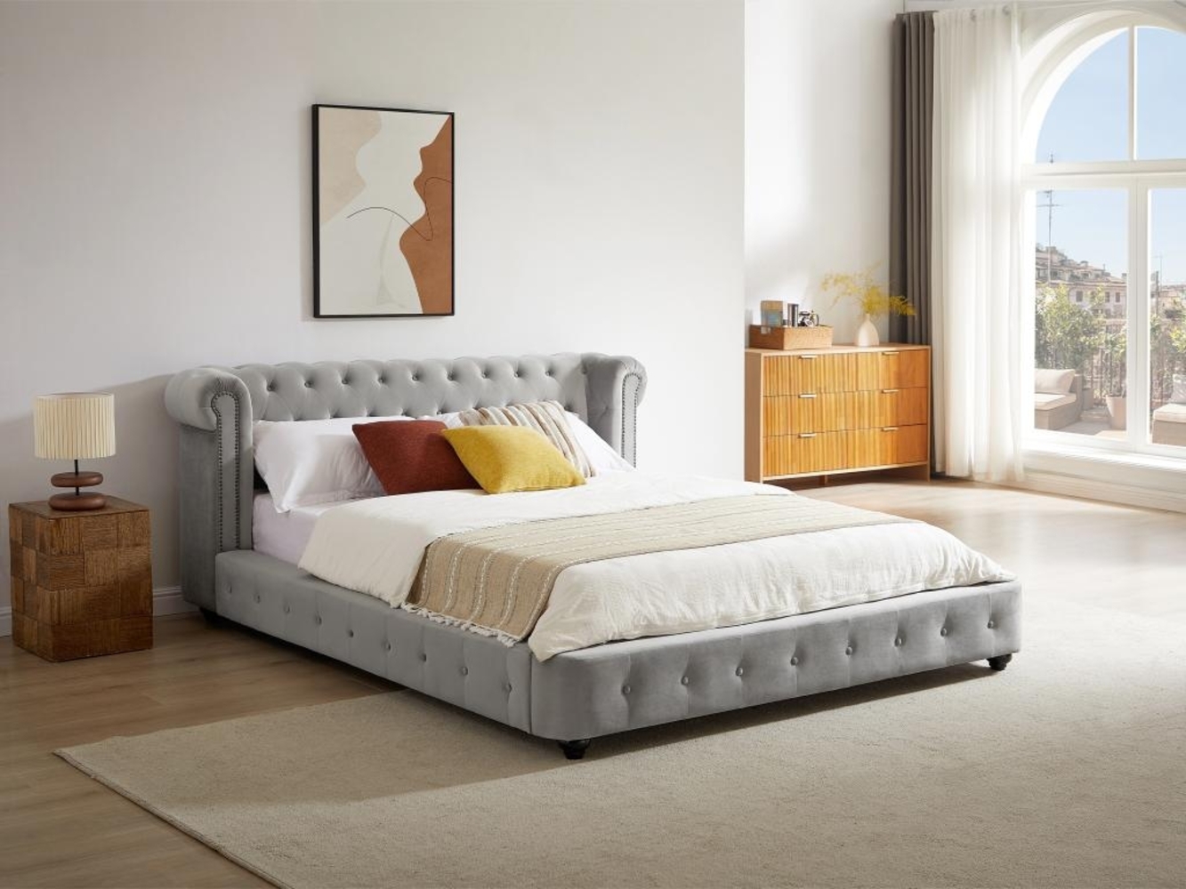 Vente-unique - Chesterfield-Bett + Matratze - 160 x 200 cm - Samt - Hellgrau - TONGERLA Bild 1