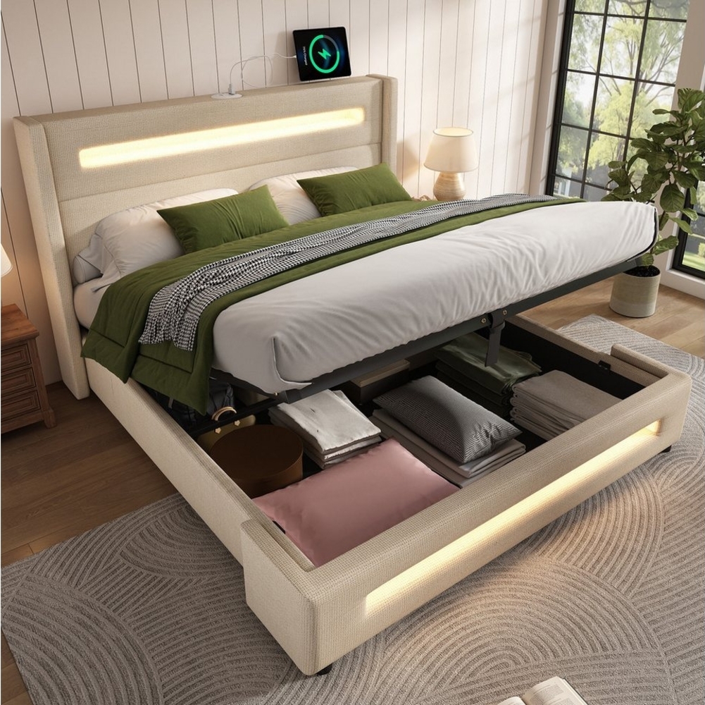 TavilaEcon Boxbett Modernes LED-Bett mit Ladestation und USB/Type-C-Anschlüsse, hydraulischer Stauraum, leinenimitat-Optik, Grau/Beige Bild 1
