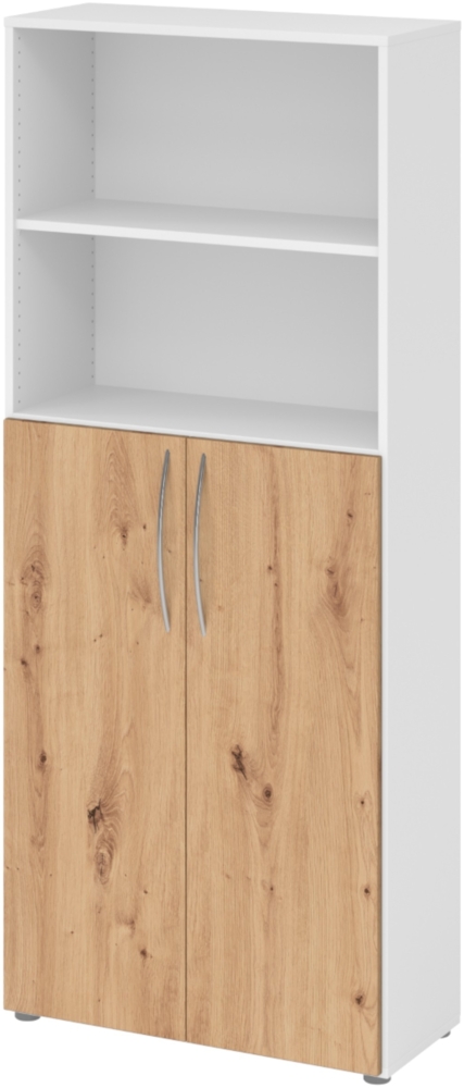 bümö Mehrzweckschrank 80cm breit, Aktenschrank o. Schuhschrank hoch, Regal Schrank-Kombi, Küchenschrank in Weiß/Asteiche aus Holz, Vorratsschrank & Haushaltsschrank mit Metallgriffen, 4770-W-R-BM Bild 1