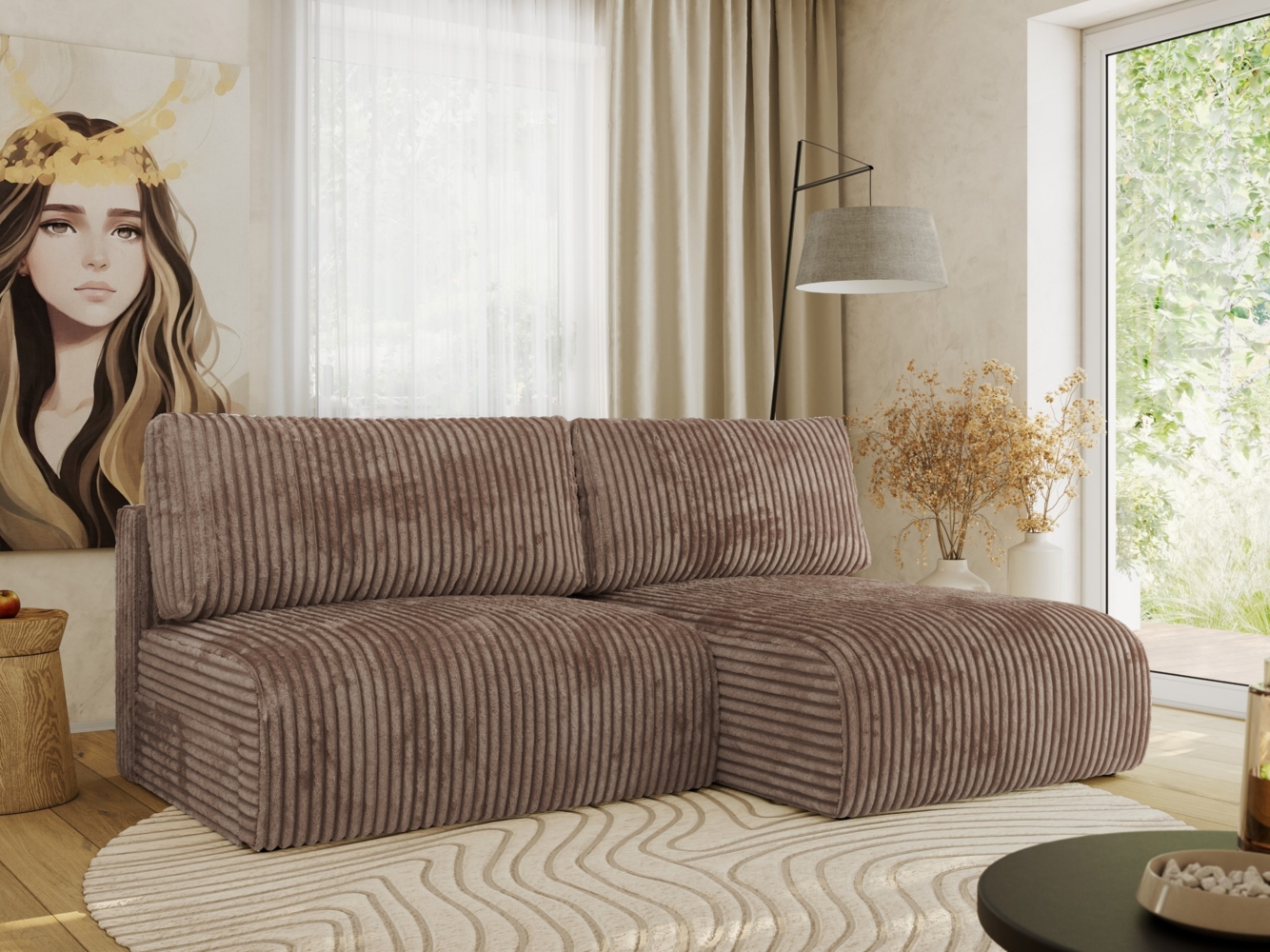 Ecksofa mit Schlaffunktion, lockere Kissen, Wohnzimmerecke mit L-förmigem und Bettkästen, Wellenfeder auf dem Sitz - VIVO - Braun Cord - rechte Seite Bild 1