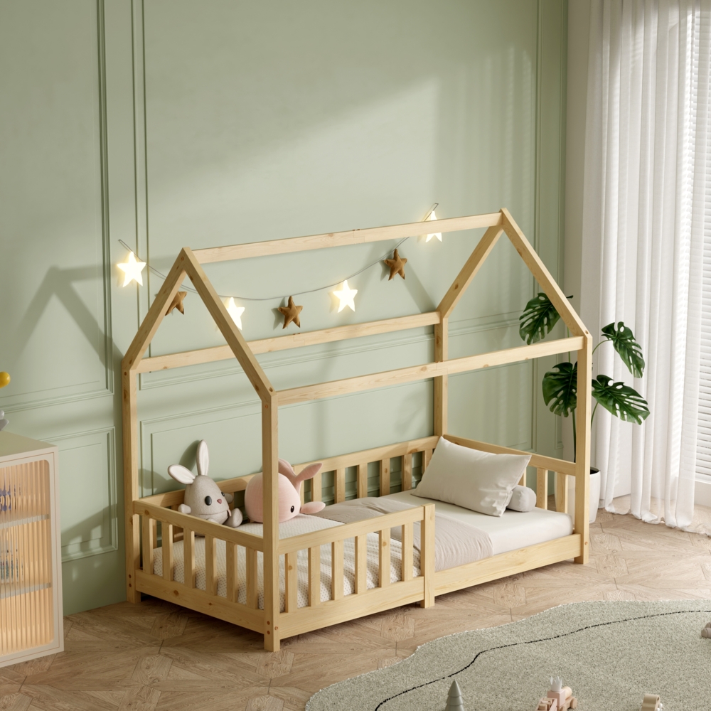 ecomi® Kinderbett Hausbett mit Rausfallschutz und Lattenrost, Hausbett - Kinderbett 90x200 / 80x160 in Weiß/Natur für Kinder - Kinderbett Hausbett 90x200 / 80x160 Weiß/Natur (Natur, 90x200) Bild 1