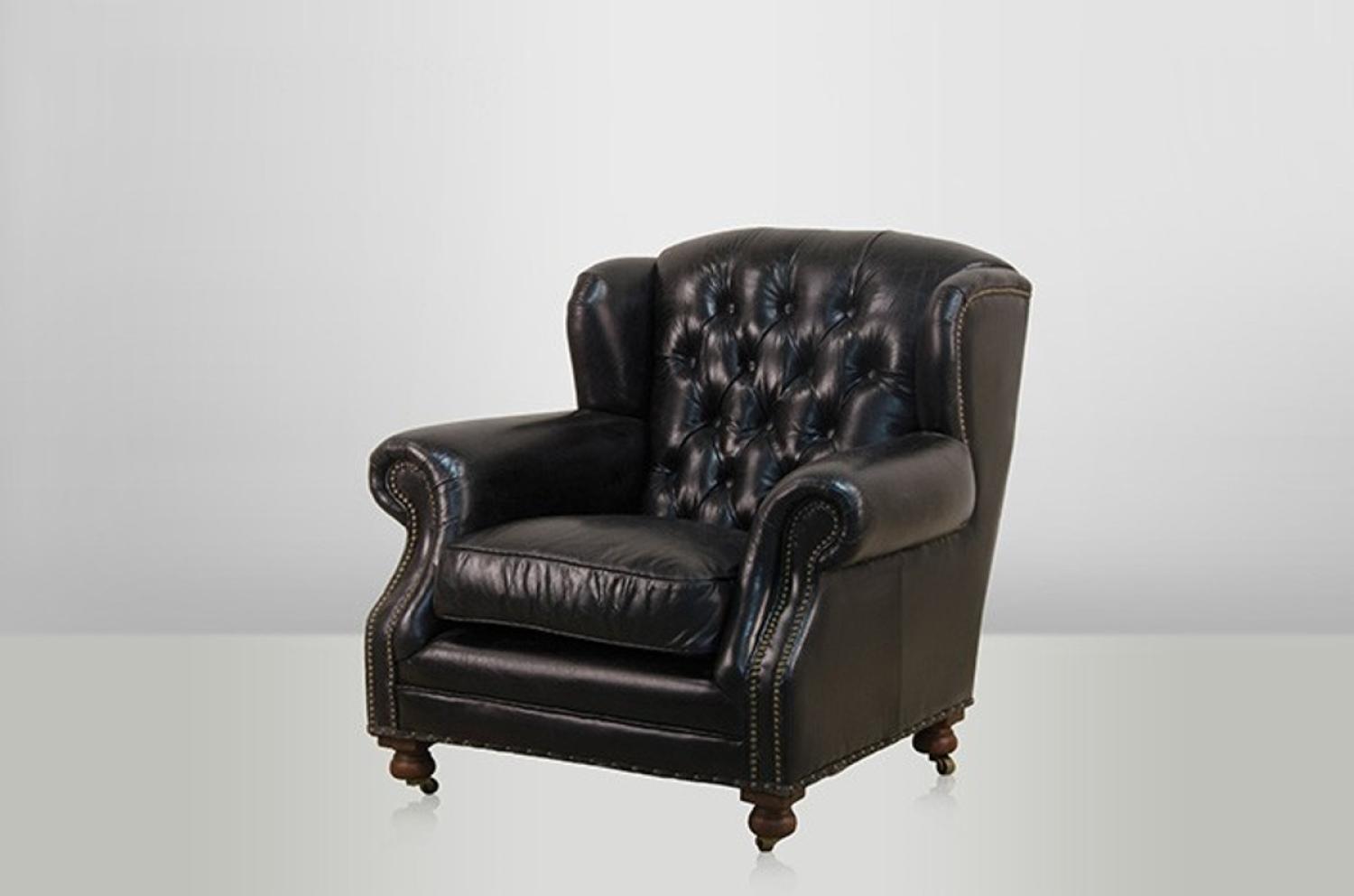 Chesterfield Luxus Echt Leder Ohrensessel Adringley Vintage Leder von Casa Padrino Ebony - Club Sessel Bild 1