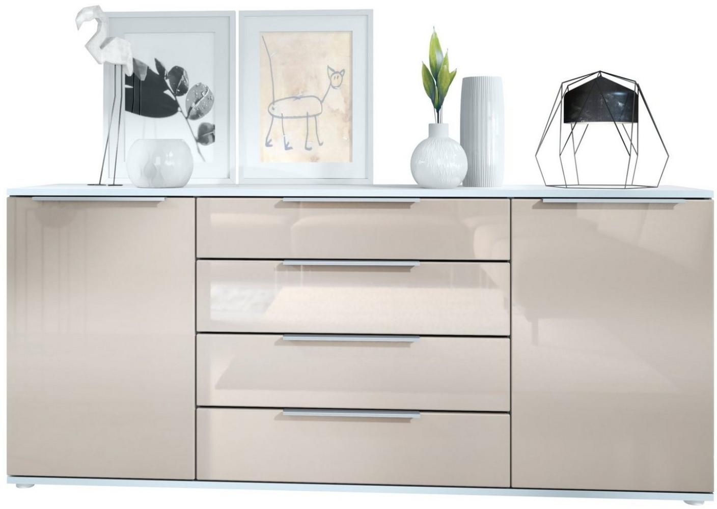 Vladon Sideboard Linio V2 166,5 x 72,5 x 35 cm Anrichte mit 2 Türen und 4 Schubladen, Korpus in Weiß matt, Fronten in Sandgrau Hochglanz Bild 1