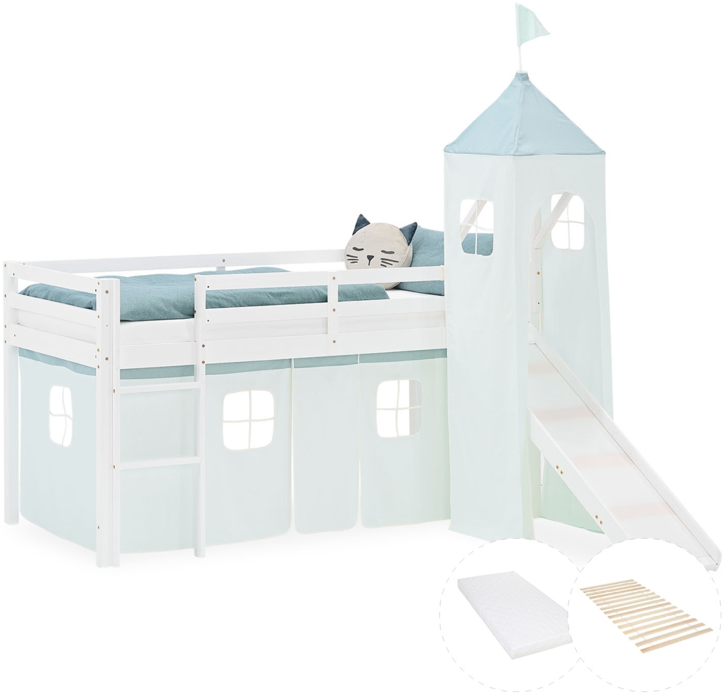 Hochbett Kinder 90x200 cm mit Rutsche Matratze Kinderbett Kinderhochbett Stockbett Vorhang Turm Grün Mintgrün Bild 1