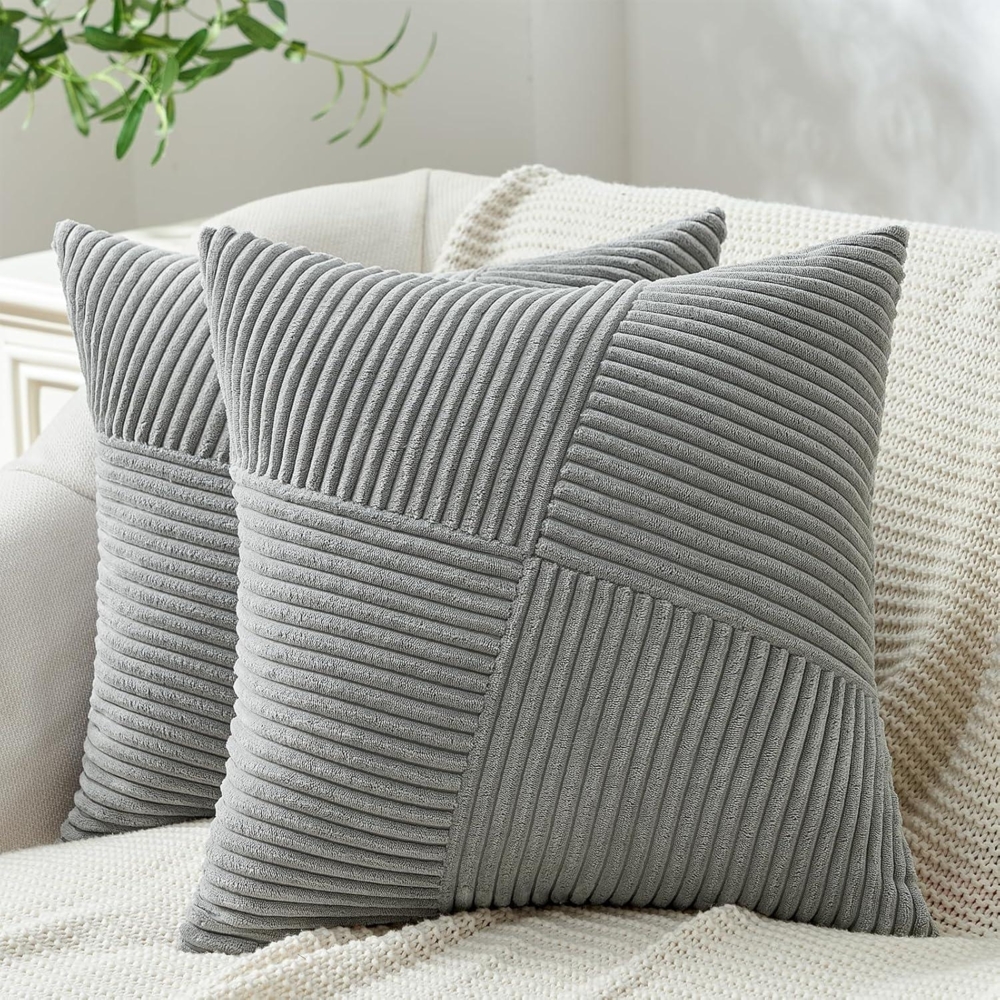 2er Set Kissenbezug 40x40 Grau Kordsamt Windmühle Patchwork Sofa Deko Bild 1