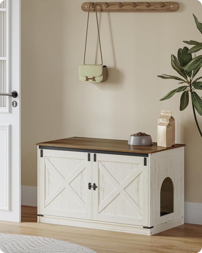 Katzenklo Schrank, Katzenschrank, Katzentoilette mit Herausnehmbarer Trennwand, Katzenhaus, Umkehrbarer Eingang Links oder Rechts, als Sideboard, 100 x 55 x 60 cm, Vintagebraun-Weiß Bild 1