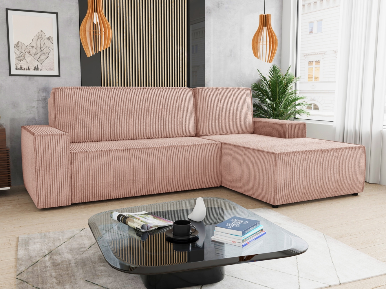 Ecksofa Totti L mit Schlaffunktion und Bettkasten - Cord Stoff - L-Form Couch, Polstersofa, Schlafsofa, Sofagarnitur (Rosa (Poso 052) Seite: Rechts) Bild 1