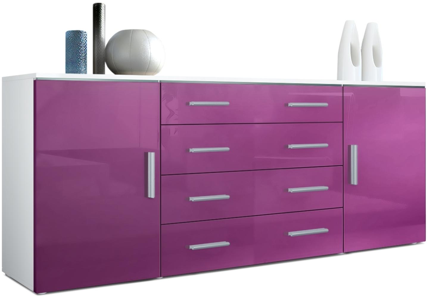 Vladon Sideboard Faro V2, Kommode mit 2 Türen und 4 Schubladen, Weiß matt/Brombeer Hochglanz (166 x 72 x 35 cm) Bild 1