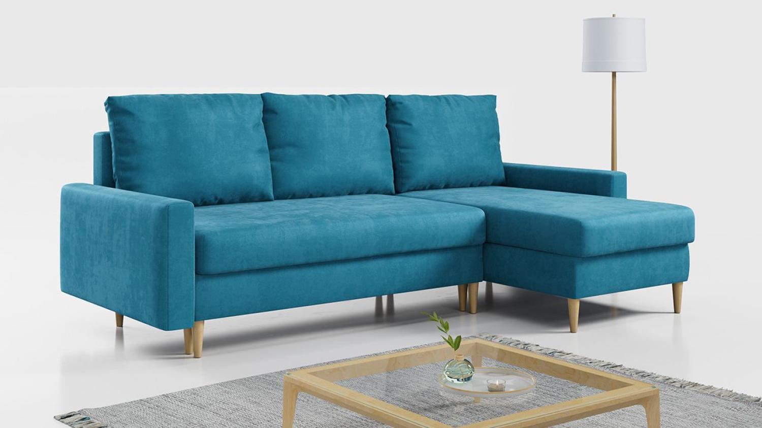 Ecksofa - L-form mit Schlaffunktion und Bettkasten - LANG - Hellblau Mikrofaser Bild 1