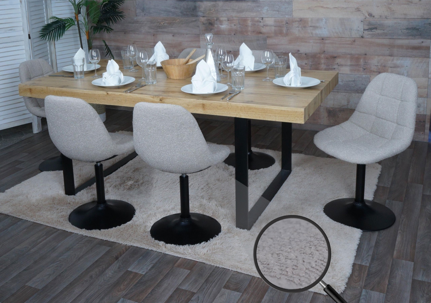 6er-Set Esszimmerstuhl HWC-A60, Küchenstuhl Stuhl Drehstuhl, Stahl FSC® Stoff/Textil Bouclé (450g/m²) ~ taupe Bild 1