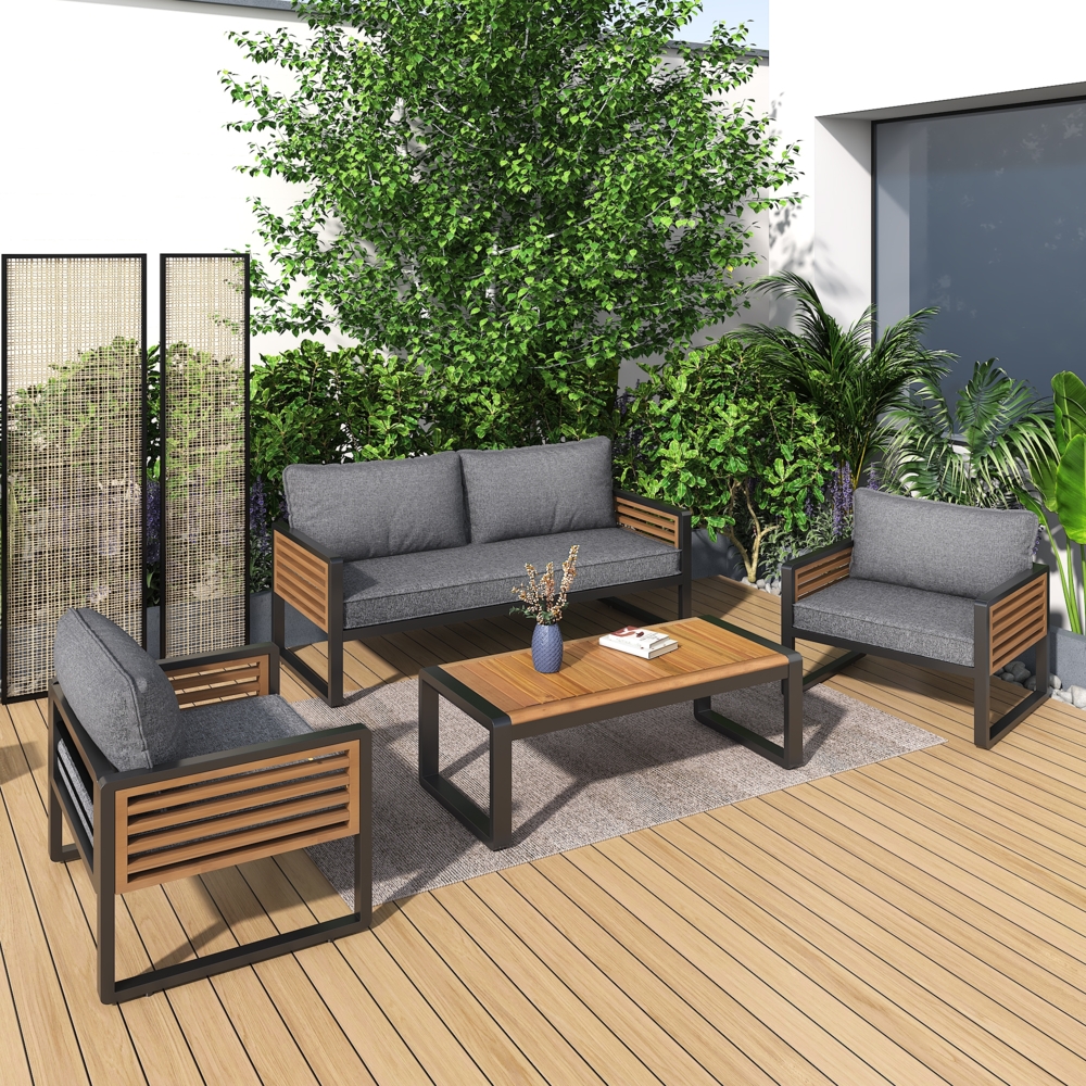 Merax Gartenlounge-Set, Gartenmöbel-Set mit verzinktem Eisenrahmen, (breites Set, 4-teiliges Esstisch-Set, 1x2-Sitzer-Sofa, 2x Einzelstühle, 1x Tisch), Graue, dekorative Armlehnen aus Holz Bild 1