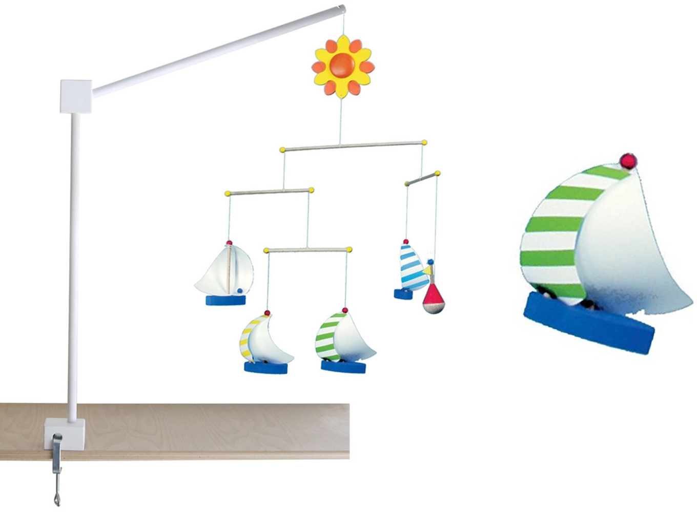 Universal XL Mobilehalter Holz weiß gelaugt, mit fröhlichem Mobile SEGELSCHIFFE Bild 1