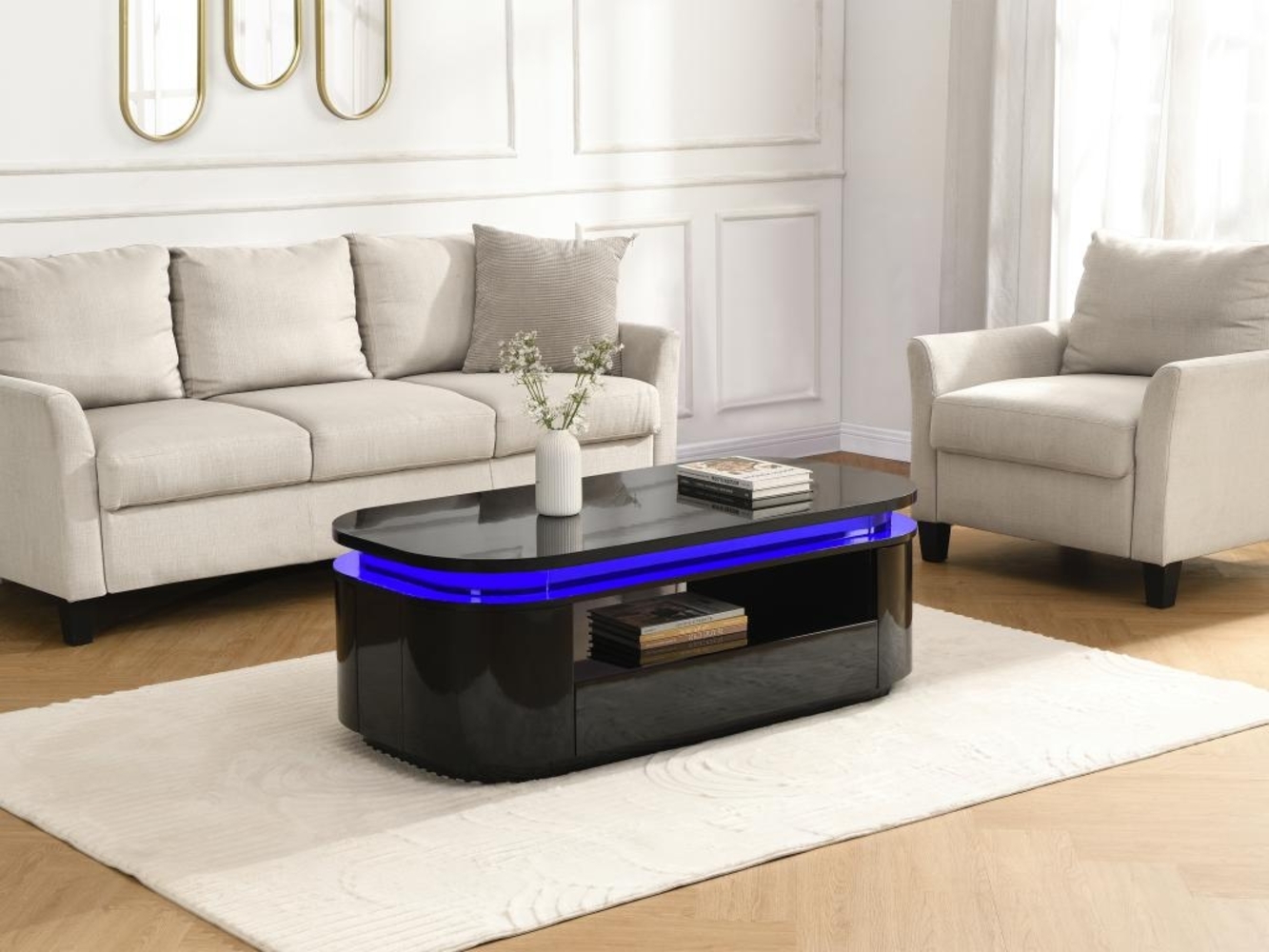 Vente-unique - Couchtisch mit 4 Türen & 1 Schublade + LEDs - MDF - Schwarz lackiert - VANDANA Bild 1