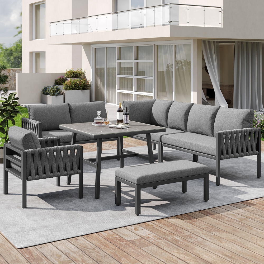 Merax Gartenmöbelset für 6-7 Personen, Seilgartenmöbelset mit verzinktem Eisengestell, verstellbare Beine, Ecksofa, Tischplatte aus gehärtetem Glas, inklusive aller Sitz- und Rückenkissen, grau Bild 1