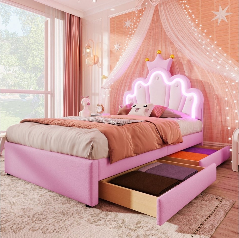 Ulife Polsterbett Funktionsbett kronenförmiges Prinzessinnenbett mit 2 Schubladen (Ohne Matratze), mit 16 Farben LED-Licht Bild 1