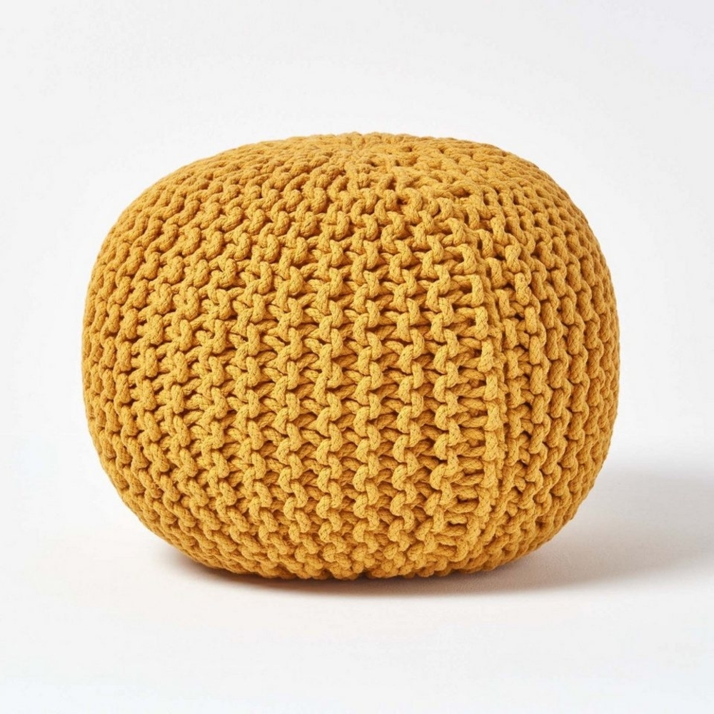 Homescapes Pouf Strickpouf rundes Bodenkissen, Sitzpouf 35x40 cm, gepolsterter Sitzhocker, Sitzpuff/Puff mit grob gestricktem Bezug aus 100% Baumwolle, Strickpuff, Senf Bild 1