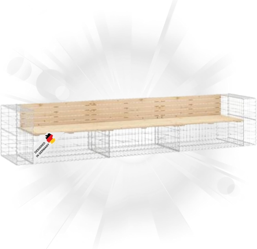 DELUKE® Gartenbank Gabionen INO aus Stahl 347x71x65,5cm Kiefernholz Natur Gabionenbank Gartenbank mit Sitzfläche aus Gabionen Steinkorb Gabionengitter Ziergabione Drahtkorb befüllbar Bild 1