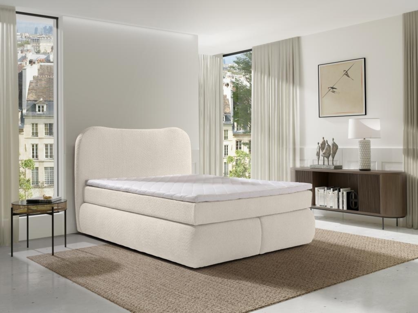 Vente-unique - Boxspringbett komplett mit Bett-Kopfteil + Bettgestell + Matratze + Topper - 180 x 200 cm - Bouclé-Stoff - Beige - TRAVINO von YSMÉE Bild 1