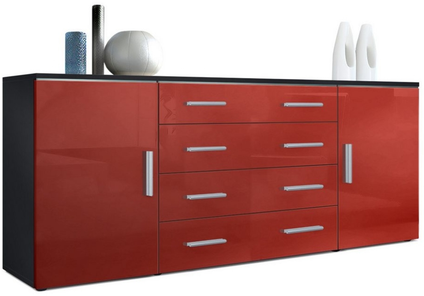 Vladon Sideboard Faro V2, Kommode mit 2 Türen und 4 Schubladen, Schwarz matt/Bordeaux Hochglanz (166 x 72 x 35 cm) Bild 1