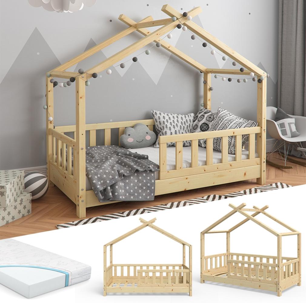 VITALISPA Kinderbett Hausbett DESIGN 70x140cm Natur Zaun Kinder Holz Haus Hausbett mit Matratze Bild 1