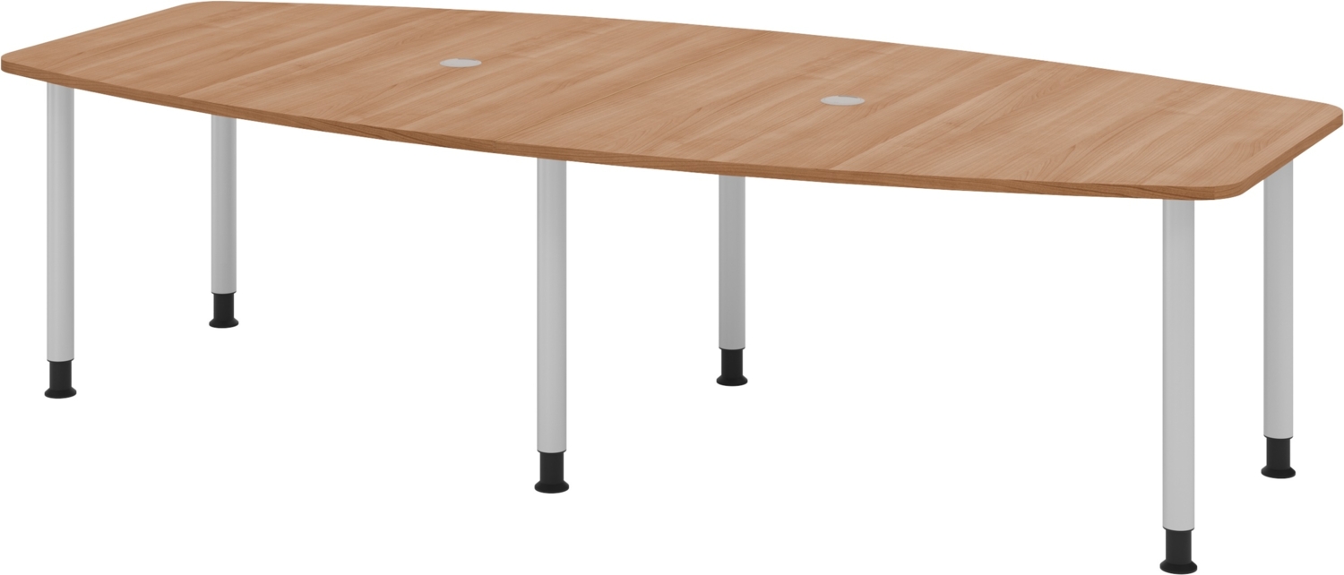 bümö Konferenztisch oval 280x130 cm großer Besprechungstisch in Nussbaum, Besprechungstisch mit Gestell in silber, Meetingtisch für 10 Personen, XXL-Tisch für Besprechungsraum & Meeting, KT28C-N-S Bild 1