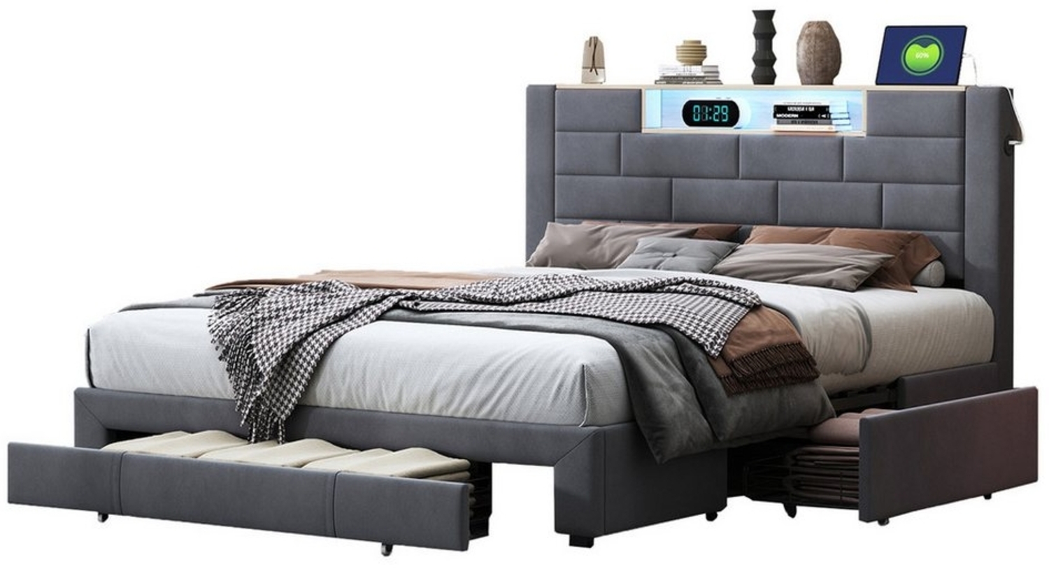 FUROKOY Polsterbett LED Doppelbett Funktionbett mit Stauraumkopfteil, 140x200cm Ladefunktion Stauraumbett,Samt Bild 1