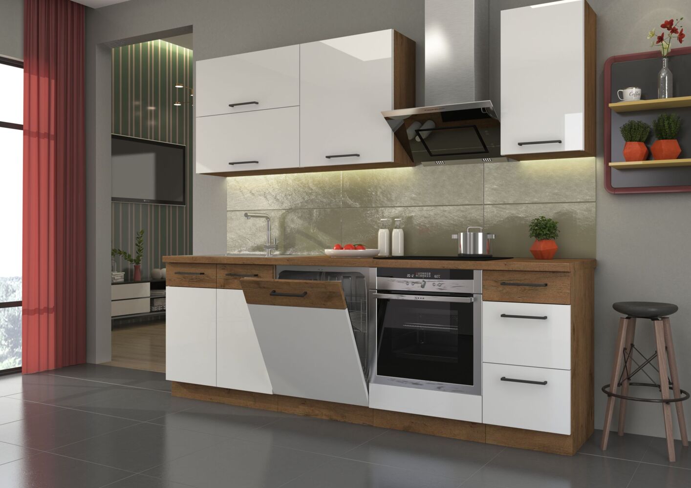 Küche 'VIGO' Basic Weiß Hochglanz Lancelot, Küchenzeile, Küchenblock, Einbauküche, 240 cm Bild 1