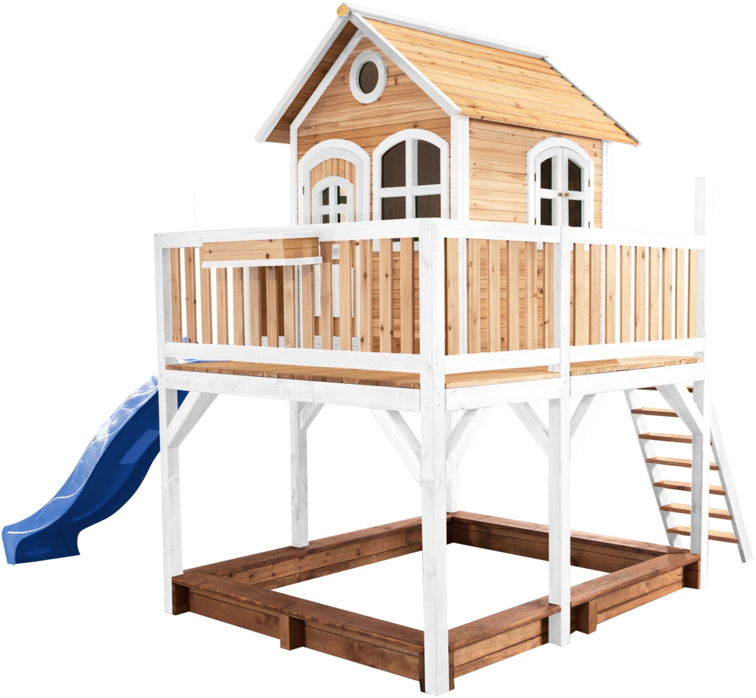 AXI Spielhaus Liam mit Sandkasten & blauer Rutsche Stelzenhaus XXL in Braun & Weiß aus FSC Holz für Kinder | Braun, weiß, blau | Holz | 255 cm Bild 1