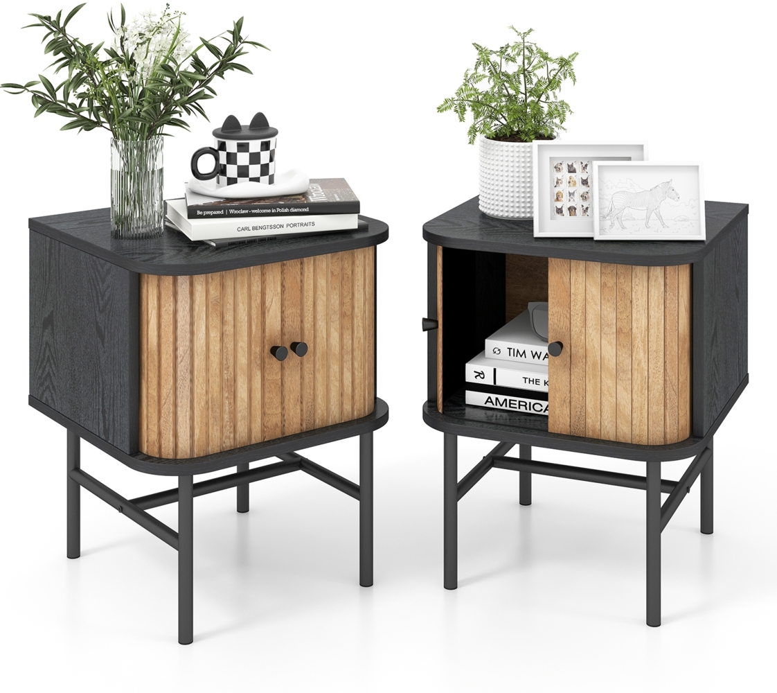2er Set Nachttisch mit Schiebetüren Nachtschrank mit Stauraum Beistelltisch Nachtkonsole Schwarz Bild 1