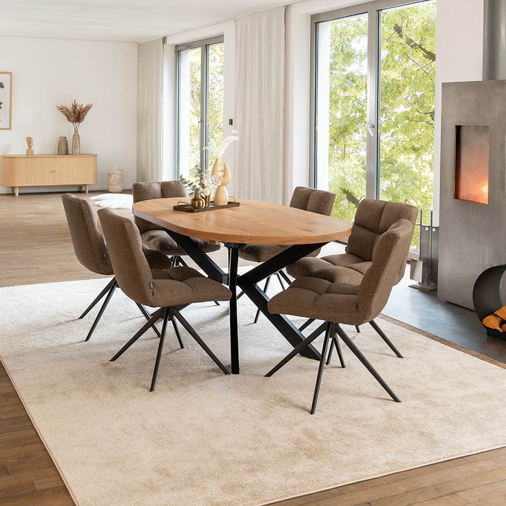 HOME DELUXE Essgruppe Oval Ausziehbar inkl. Sternfuß - 160 x 100 cm Light Oak 6 Stühle Grau / Braun Bild 1