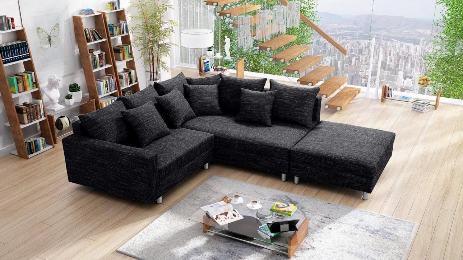 Küchen-Preisbombe Sofa Wohnlandschaft Couch Ecksofa Eckcouch Gewebestoff schwarz Minsk R, Ecksofa + Hocker Bild 1