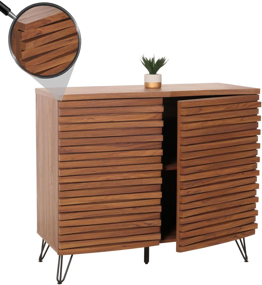 Kommode HWC-M49, Schrank Sideboard Highboard, 3D-Design Staufächer, Massiv-Holz Mango Metall 85x95x45cm ~ Walnuss-Optik Bild 1