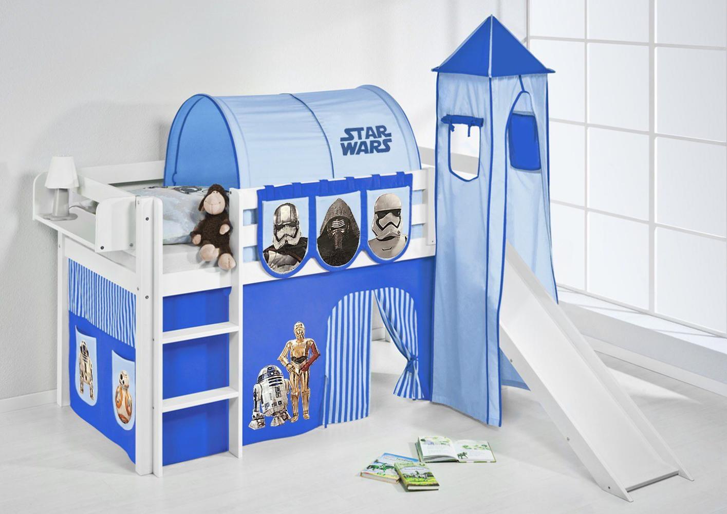 Lilokids 'Jelle' Spielbett 90 x 200 cm, Star Wars Blau, Kiefer massiv, mit Turm, Rutsche und Vorhang Bild 1