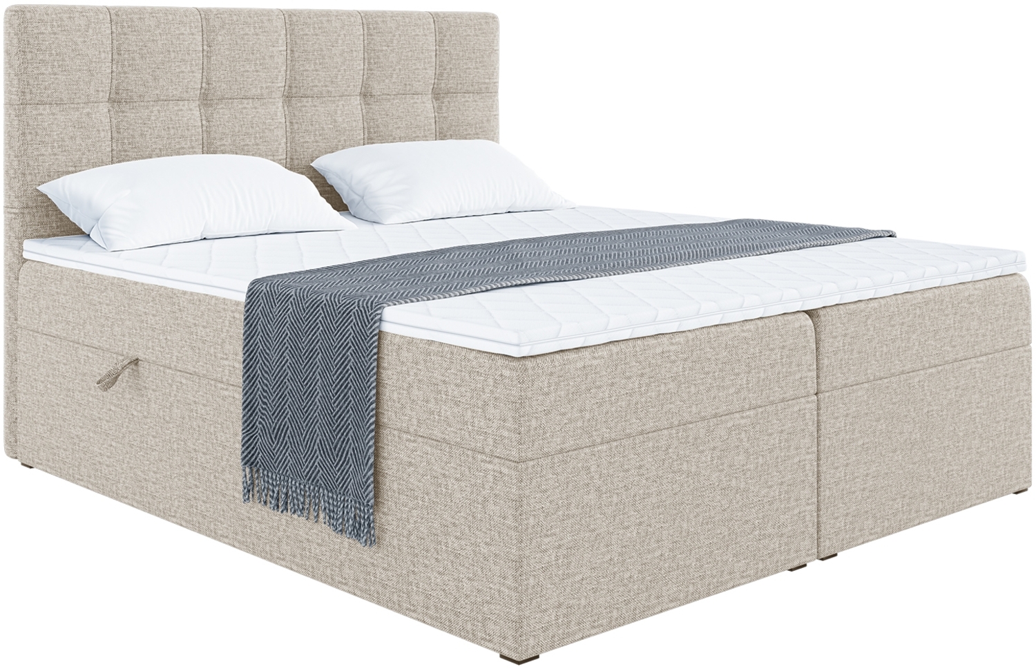 MEBLINI Boxspringbett NILS 140x220 cm mit Bettkasten - H3/Beige Webstoff Polsterbett - Doppelbett mit Topper & Bonellfederkern-Matratze Bild 1