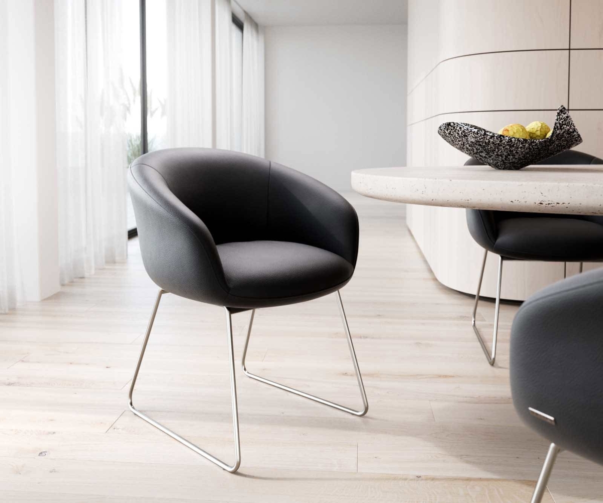 Esszimmerstuhl Vinka-Flex mit Armlehnen Echt-Leder Schwarz Kufengestell Edelstahl Taschenfederkern Bild 1