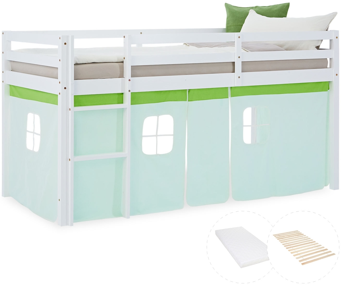 Hochbett Kinder 90x200 cm mit Matratze Kinderbett Kinderhochbett Stockbett Vorhang Grün Holz Massiv Lattenrost Bild 1