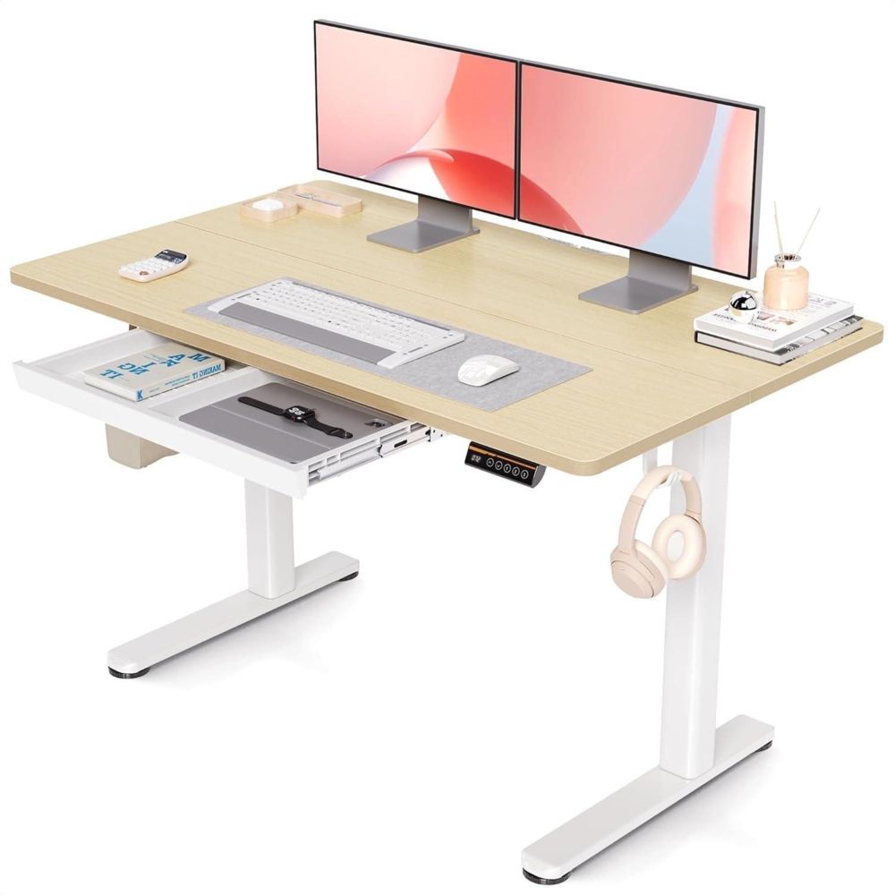 Höhenverstellbarer Schreibtisch 120x60 cm Elektrisch Standing Desk Weiß/Beige Bild 1