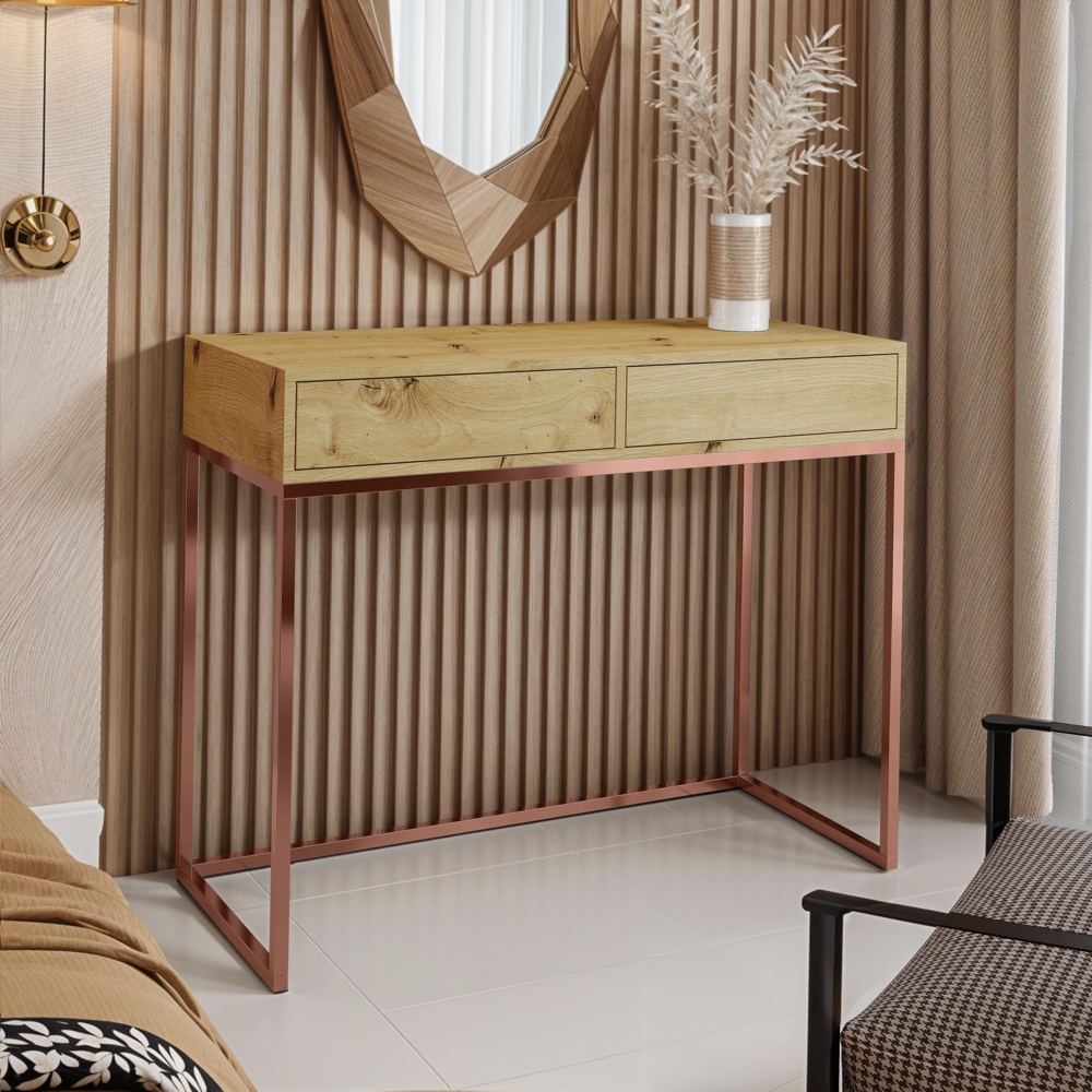 AX LIVING Moderne Schminktische Lortie 100 cm Eiche Kupferfarbe Gestell Bild 1
