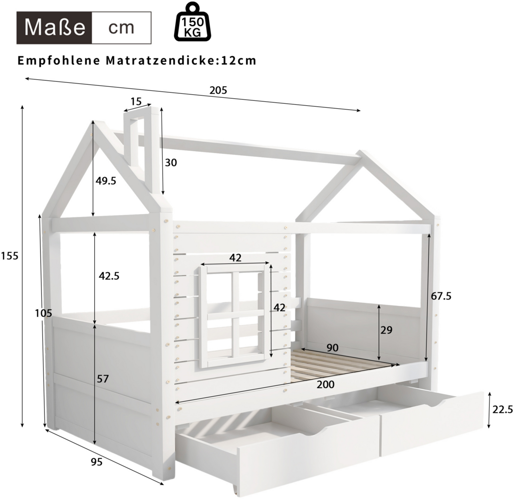 Merax Hausbett Kinderbett Jugendbett 90*200 mit Rausfallschutz vielseitiges Holz Kinderbett für Jungen & Mädchen, Massivholz Kinder Bett mit Rausfallschutz Fenster und Lattenrost, weiß Bild 1