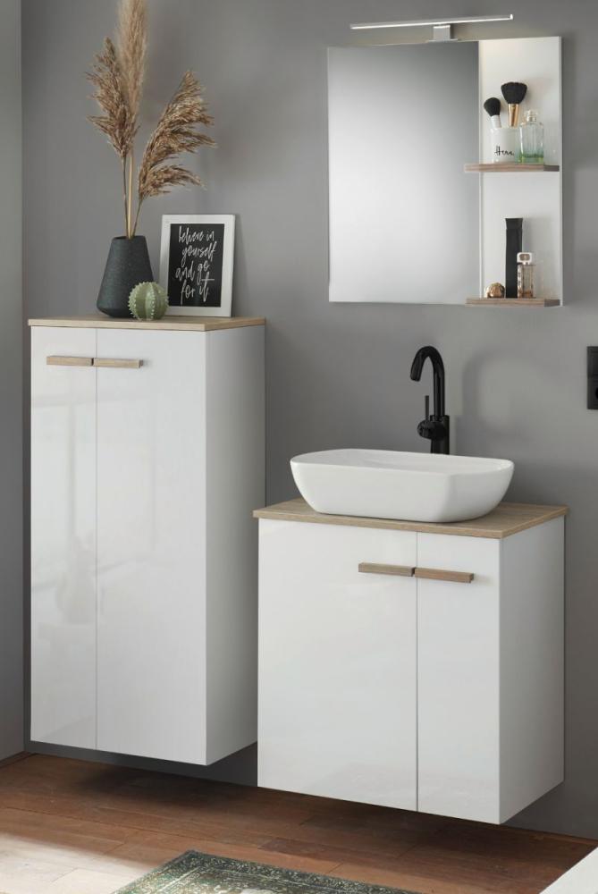 'Dense' Badmöbel Set 5-tlg. in weiß Lack Hochglanz und Eiche, mit Waschbecken und Badlampe, 130x200 cm, hängend / stehend Bild 1