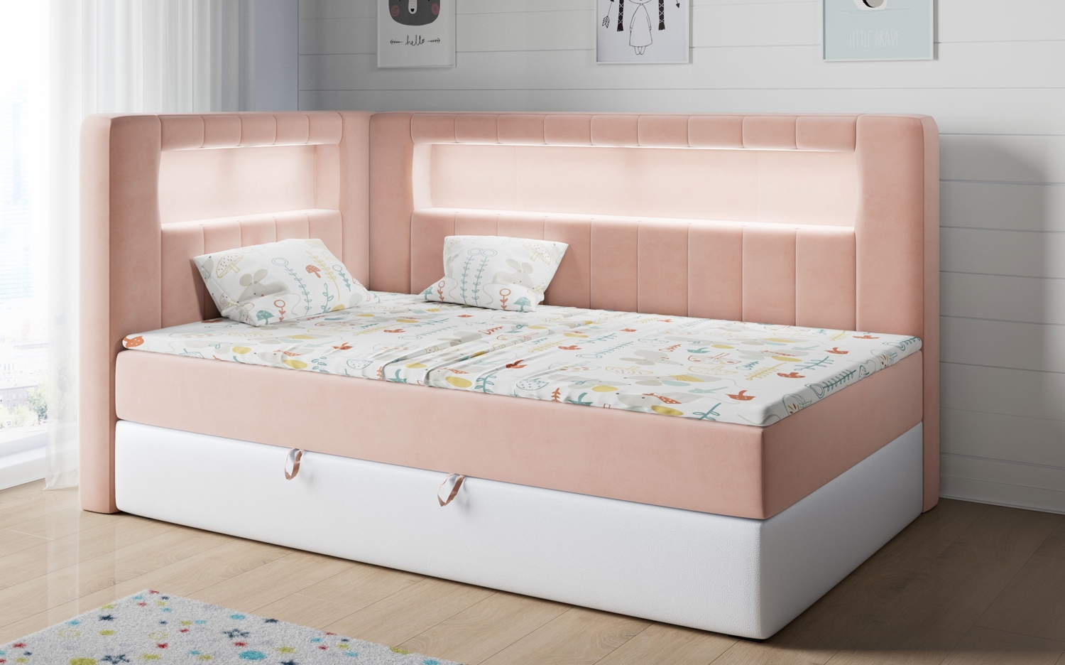 Boxspringbett mit LED, Einzelbett mit Bettkasten und Topper - JUNIOR GOLD 3 - 90x200 cm - Rosa und Weiß - Linke Seite Bild 1