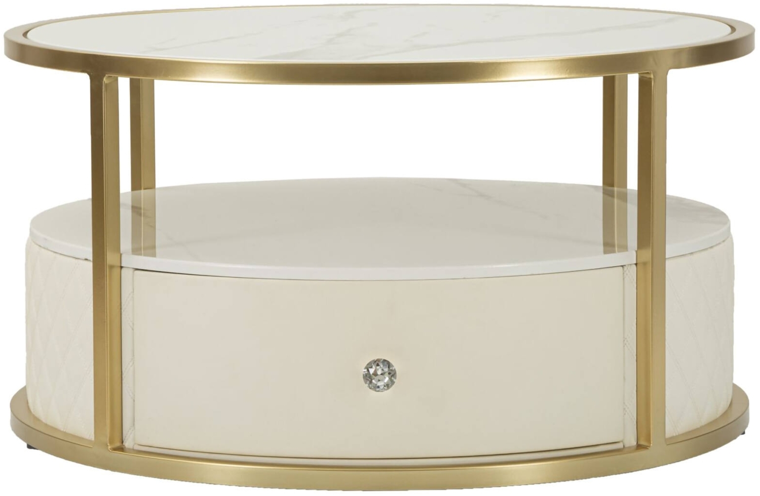 Dmora Wohnzimmertisch Stabia, Niedriger Wohnzimmertisch, Kaffeeregal, Couchtisch für Sofa, 75x75 h40 cm, Weiß und Gold Bild 1