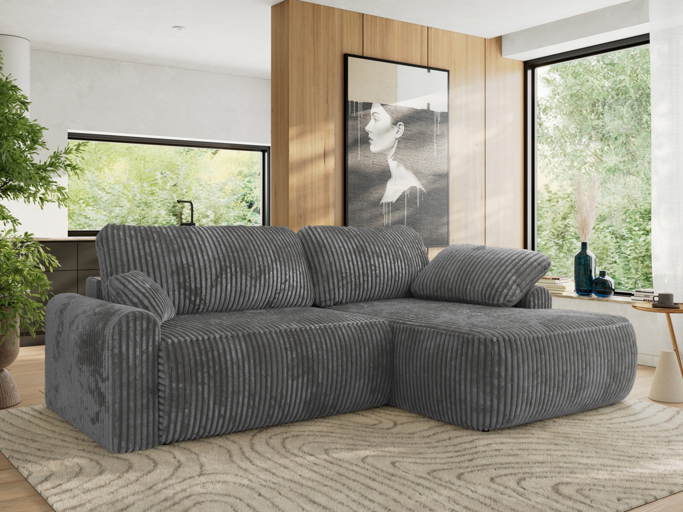 Ecksofa, L-förmiges, lose Kissen, DL-Schlaffunktion, (H 100 x T 187 x B 273 cm) - CUBO L - Cord Dunkelgrau - rechte Seite Bild 1