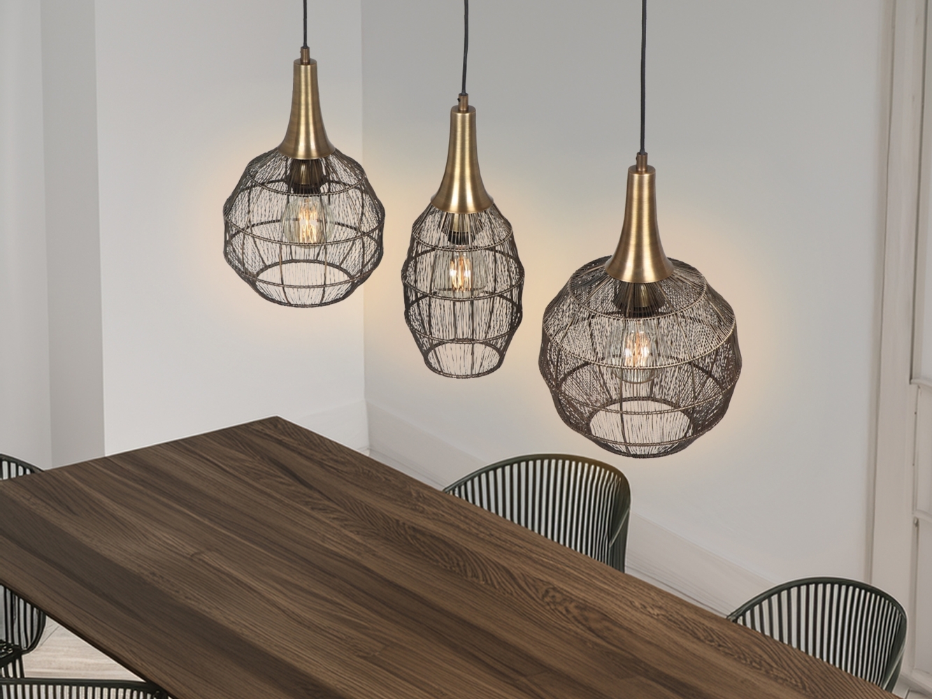 Pendelleuchte SORAYA 3-flammig mit Drahtgeflecht Altmessing, Breite 86cm Bild 1